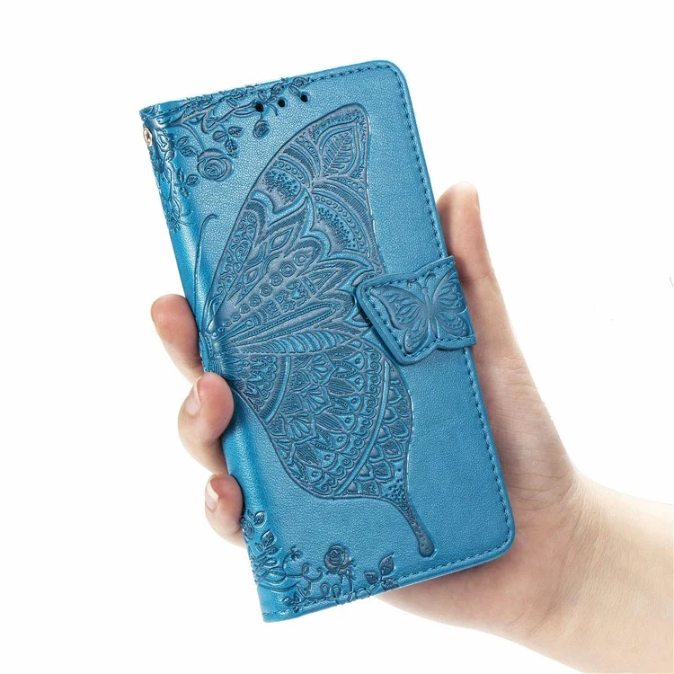 For Samsung Galaxy A51 4G SM-A515 Imprinted Butterfly Pattern Anti-scratch Phone Case PU Leather Stand Wallet Cover with Strap - Blue