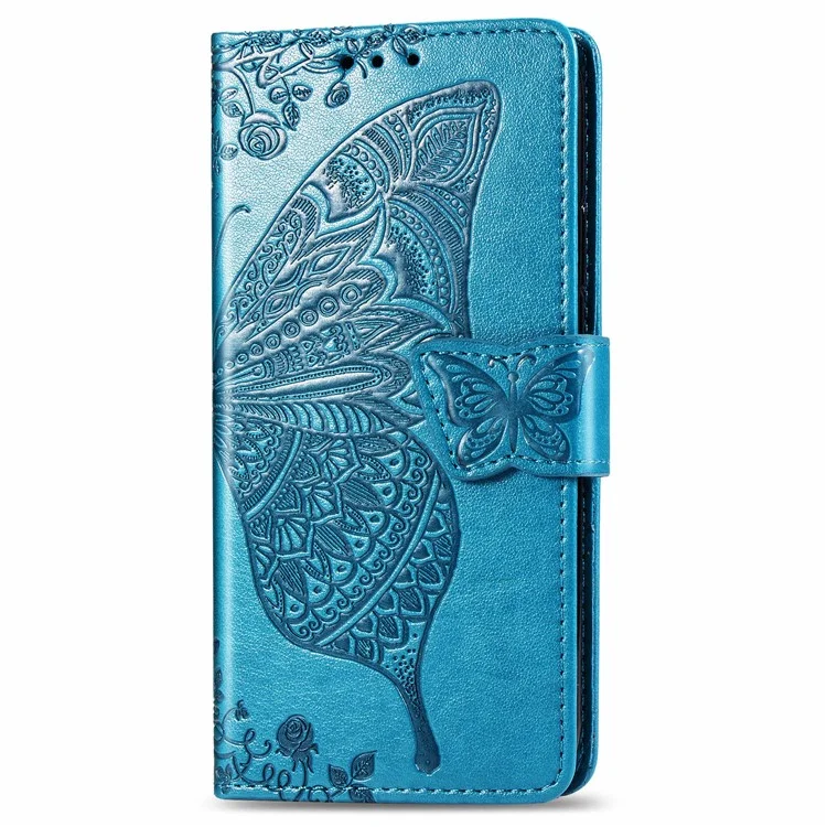 For Samsung Galaxy A51 4G SM-A515 Imprinted Butterfly Pattern Anti-scratch Phone Case PU Leather Stand Wallet Cover with Strap - Blue