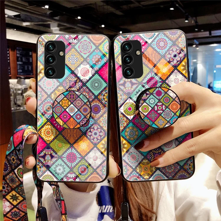 Pour Samsung Galaxy A34 5G Motif Floral Kickstand Anti-drop Phone Case PC + TPU + Verre Trempé Hybrid Cover avec Cordon - Motif Couleur