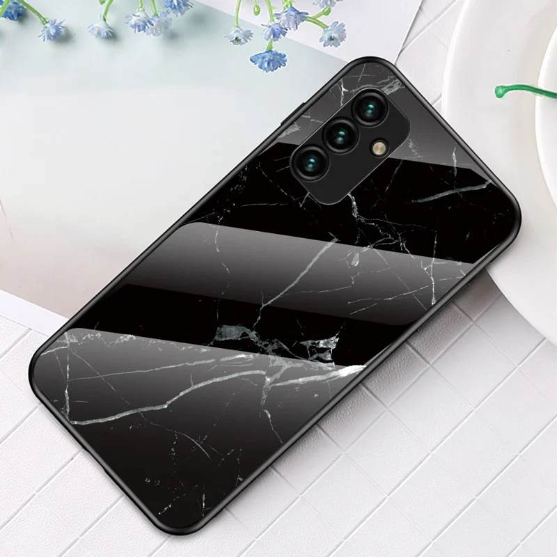 For Samsung Galaxy A34 5G Marble Pattern Printing Tempered Glass + PC + TPU Phone Case Anti-drop Back Cover - Black Marble