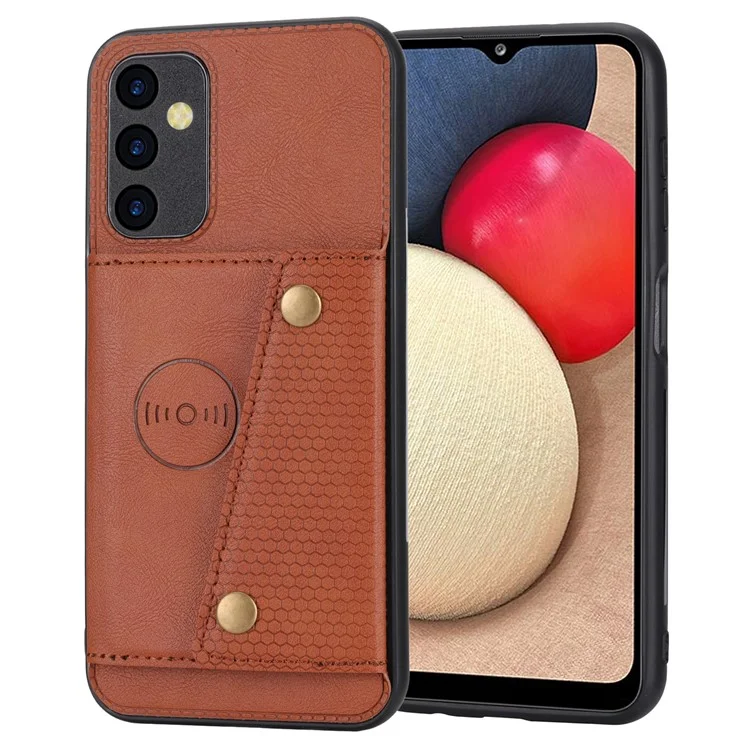 Для Samsung Galaxy A34 5G Dual Button Card Holder PU Leather Coated TPU Case Car Mount Metal Sheet Phone Kickstand Cover - Light Brown