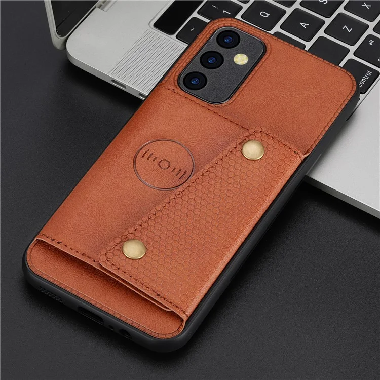 Для Samsung Galaxy A34 5G Dual Button Card Holder PU Leather Coated TPU Case Car Mount Metal Sheet Phone Kickstand Cover - Light Brown