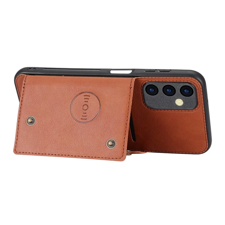 Для Samsung Galaxy A34 5G Dual Button Card Holder PU Leather Coated TPU Case Car Mount Metal Sheet Phone Kickstand Cover - Light Brown
