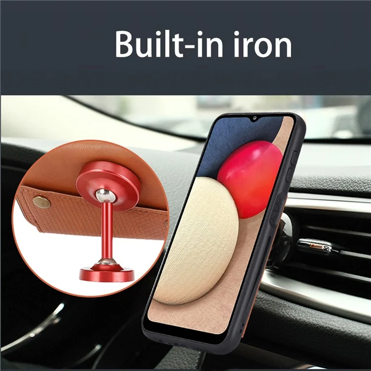 Для Samsung Galaxy A34 5G Dual Button Card Holder PU Leather Coated TPU Case Car Mount Metal Sheet Phone Kickstand Cover - Light Brown
