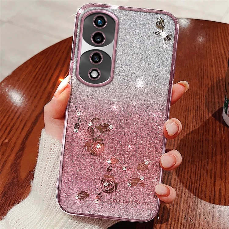 KADEM For Honor 70 Pro 5G Capa de Telefone Celular Flexível com Pó Brilhante TPU e Decoração de Flor com Strass - Ouro Rosa 