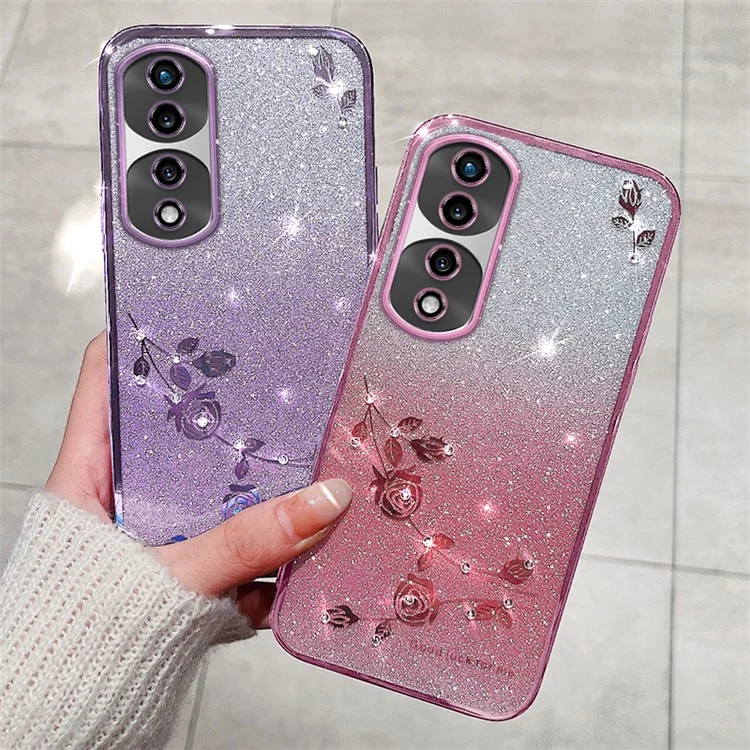 KADEM For Honor 70 Pro 5G Capa de Telefone Celular Flexível com Pó Brilhante TPU e Decoração de Flor com Strass - Ouro Rosa 