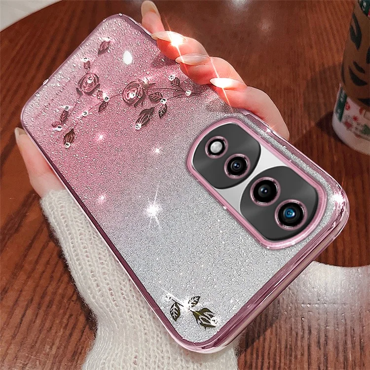 KADEM For Honor 70 5G Flower Pattern Decor Rhinestone Design Smartphone Case Glitter Powder Flexible TPU Cell Phone Cover - Rose Gold