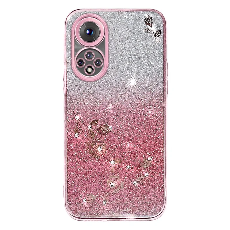 Per Huawei Nova 9 Anti-Scratch Rhinestone Design Del Telefono Shell Modello Fiore Decorazioni Glitter in Polvere TPU Morbida Copertina Per Cellulare - Oro Rosa