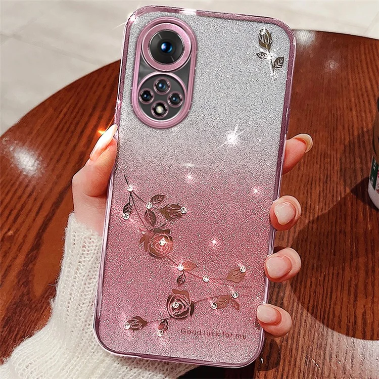 Para Huawei Nova 9 Anti-arranhão Reth Rhinestone Phone Casa Casa Padrão de Flor Decor Glitter Power Poneiro de Celular TPU Macio - Rosa Ouro