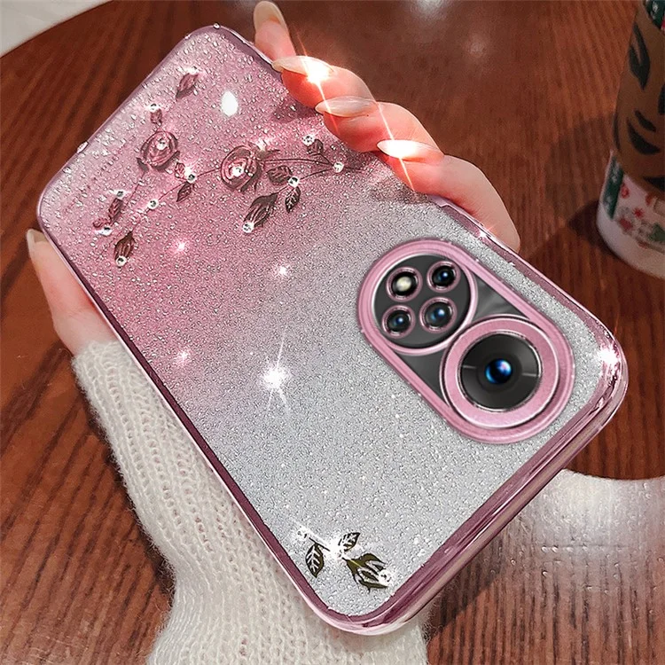 Para Huawei Nova 9 Anti-arranhão Reth Rhinestone Phone Casa Casa Padrão de Flor Decor Glitter Power Poneiro de Celular TPU Macio - Rosa Ouro