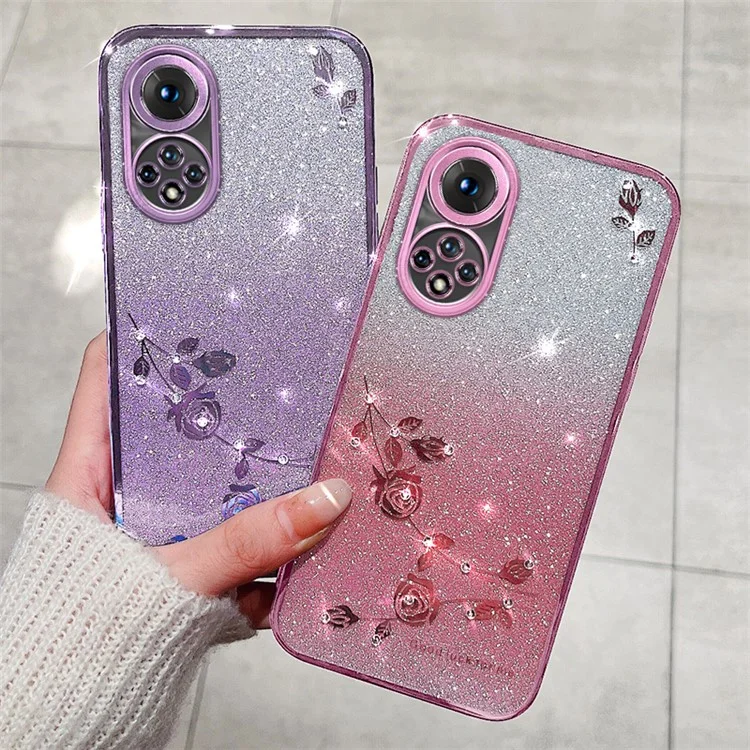 Per Huawei Nova 9 Anti-Scratch Rhinestone Design Del Telefono Shell Modello Fiore Decorazioni Glitter in Polvere TPU Morbida Copertina Per Cellulare - Oro Rosa