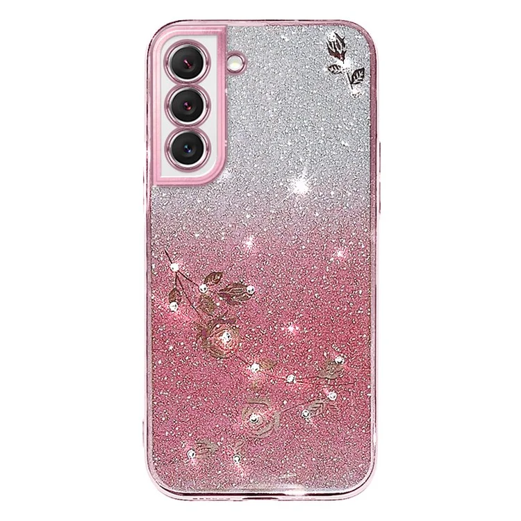 Capa para Smartphone KADEM Rhinestone Design para Samsung Galaxy S22 5G, Capa de Telefone com Padrão de Flor Anti-Risco, Decoração com Pó de Glitter e Gradiente de Cor em TPU - Rose Gold