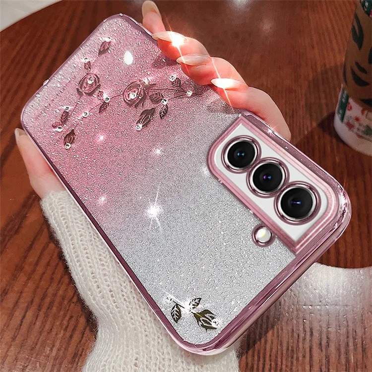 Capa para Smartphone KADEM Rhinestone Design para Samsung Galaxy S22 5G, Capa de Telefone com Padrão de Flor Anti-Risco, Decoração com Pó de Glitter e Gradiente de Cor em TPU - Rose Gold