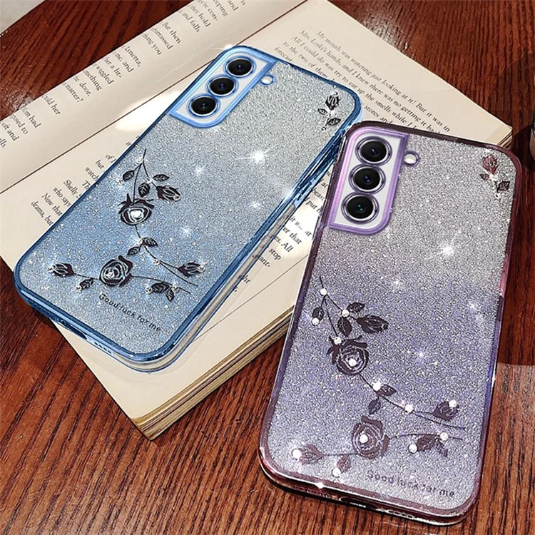 Capa para Smartphone KADEM Rhinestone Design para Samsung Galaxy S22 5G, Capa de Telefone com Padrão de Flor Anti-Risco, Decoração com Pó de Glitter e Gradiente de Cor em TPU - Rose Gold