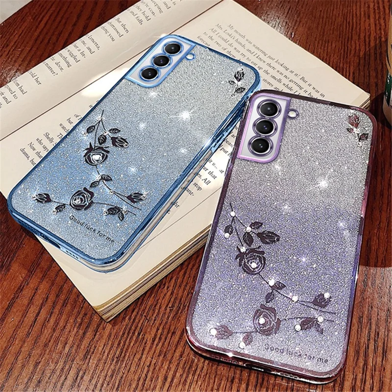KADEM For Samsung Galaxy S21 5G Dustproof Phone Cover Flower Pattern Decor Rhinestone Design Glitter Powder Gradient Color TPU Smartphone Case - Purple