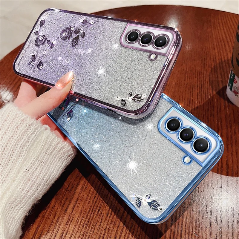 KADEM For Samsung Galaxy S21 5G Dustproof Phone Cover Flower Pattern Decor Rhinestone Design Glitter Powder Gradient Color TPU Smartphone Case - Purple