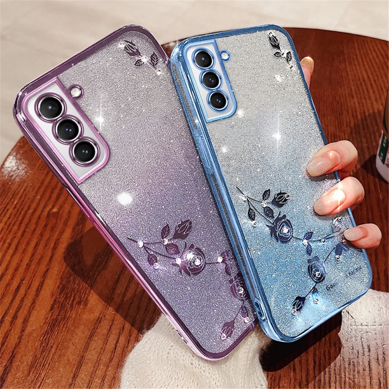 KADEM For Samsung Galaxy S21 5G Dustproof Phone Cover Flower Pattern Decor Rhinestone Design Glitter Powder Gradient Color TPU Smartphone Case - Purple