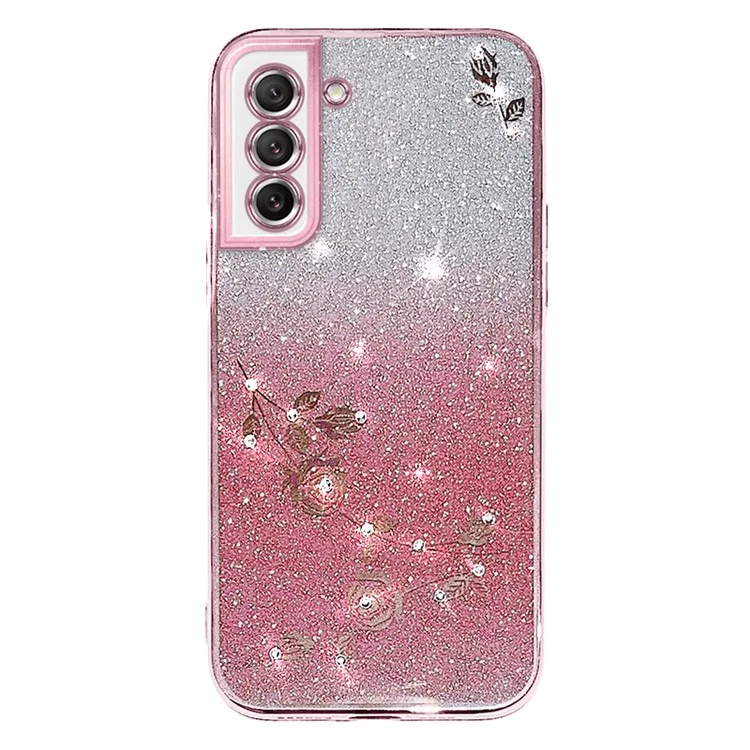 Coque de téléphone anti-poussière KADEM pour Samsung Galaxy S21 FE 5G, décoration florale à paillettes et strass, étui de téléphone portable en TPU flexible - Or rose