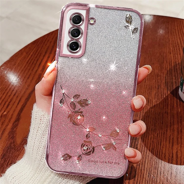 Coque de téléphone anti-poussière KADEM pour Samsung Galaxy S21 FE 5G, décoration florale à paillettes et strass, étui de téléphone portable en TPU flexible - Or rose