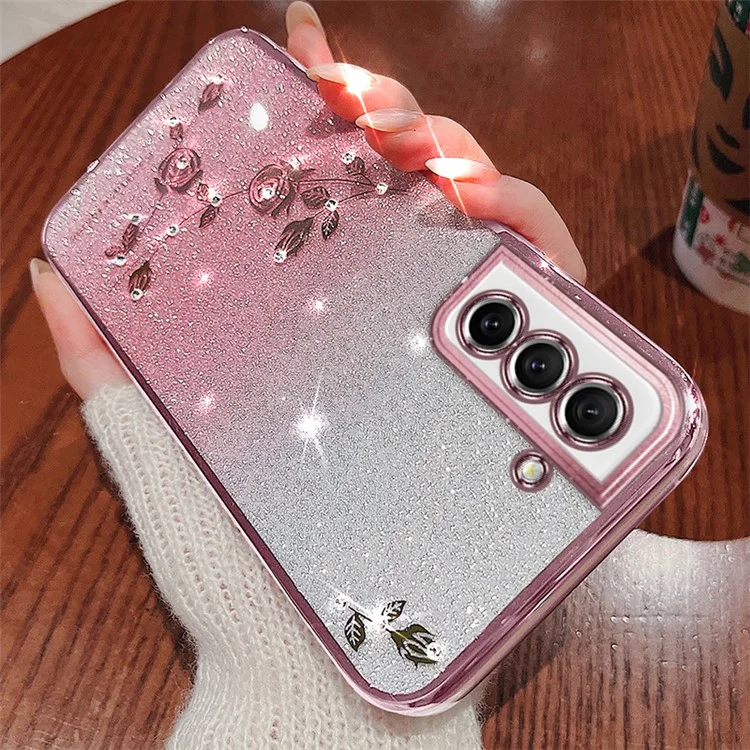 Coque de téléphone anti-poussière KADEM pour Samsung Galaxy S21 FE 5G, décoration florale à paillettes et strass, étui de téléphone portable en TPU flexible - Or rose