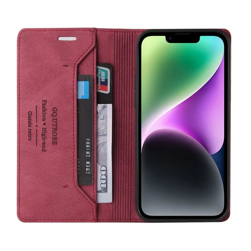 GQ.UTROBE 008 Series For iPhone 14 Plus Fall Proof RFID Blocking Skin-touch Feeling PU Leather Stand Wallet Phone Case - Wine Red