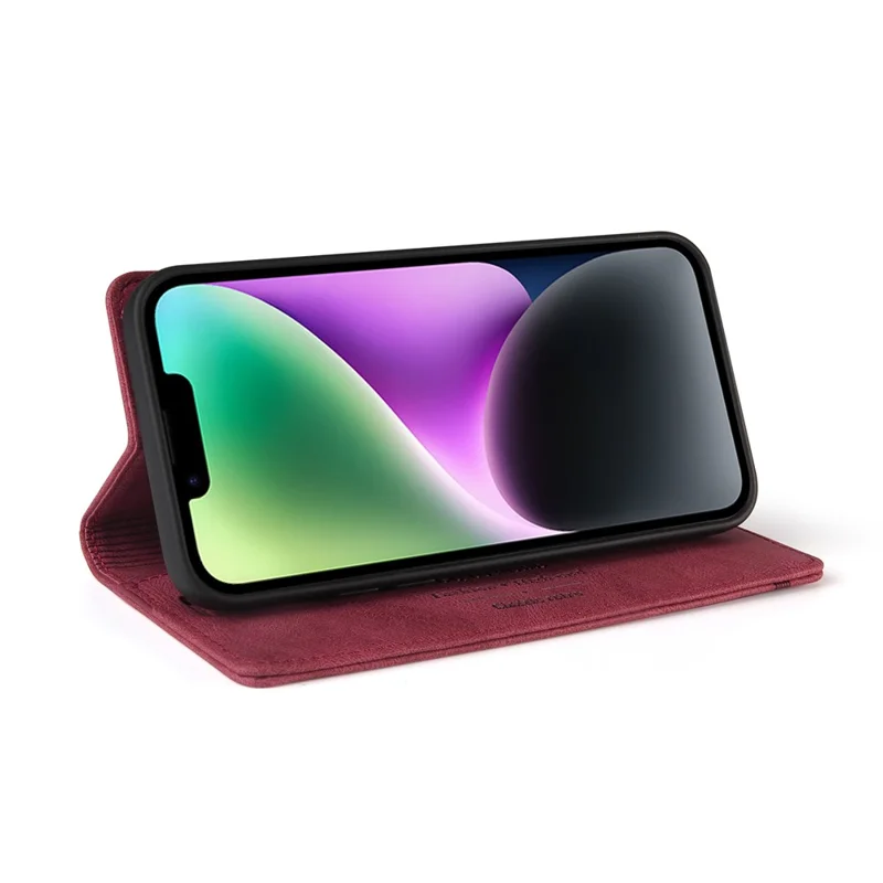 GQ.UTROBE 008 Series For iPhone 14 Plus Fall Proof RFID Blocking Skin-touch Feeling PU Leather Stand Wallet Phone Case - Wine Red