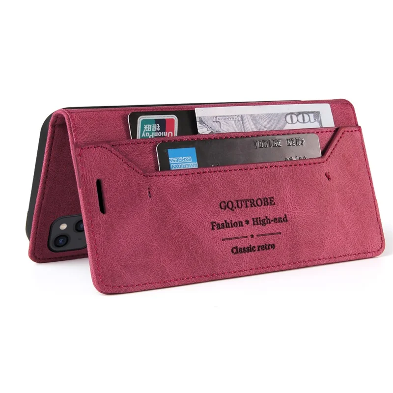 GQ.UTROBE 008 Series For iPhone 14 Plus Fall Proof RFID Blocking Skin-touch Feeling PU Leather Stand Wallet Phone Case - Wine Red