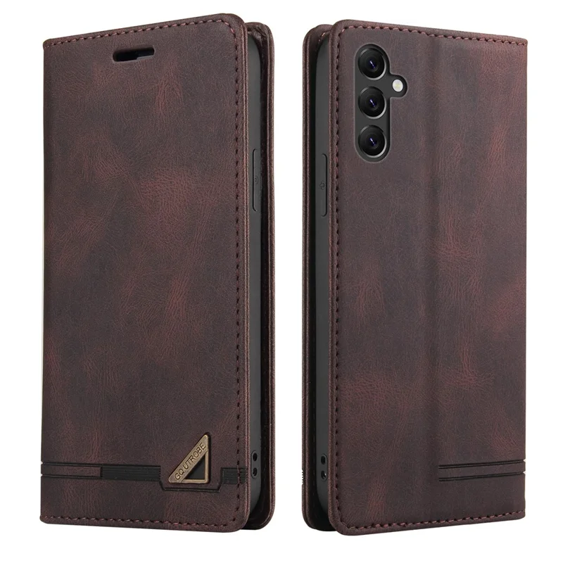 GQ.UTROBE 008 Series For Samsung Galaxy A14 5G / A14 4G RFID Blocking Skin-touch Feeling Full Coverage PU Leather Stand Wallet Phone Case - Coffee