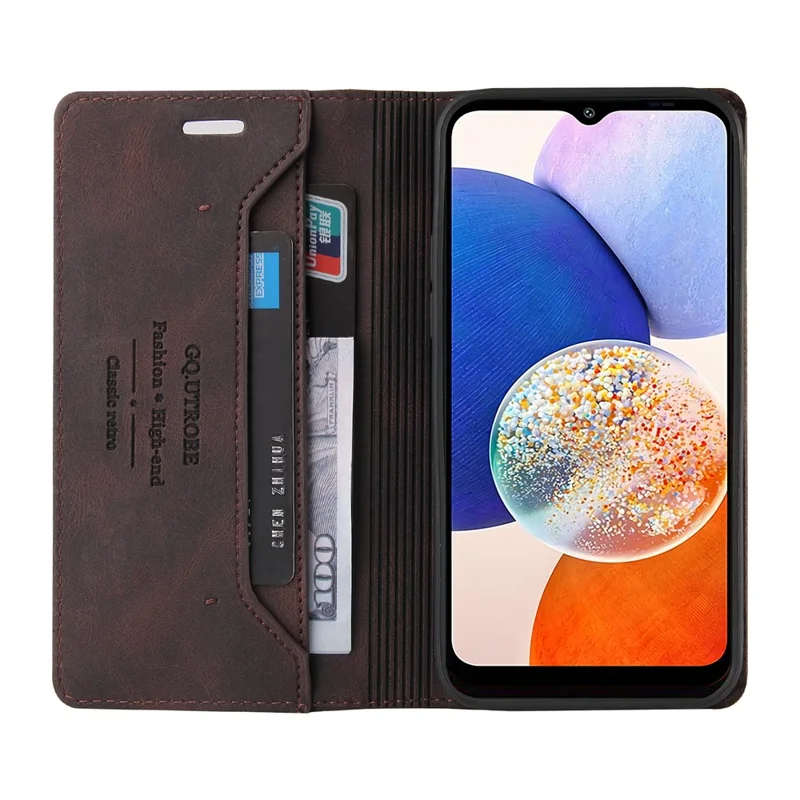 GQ.UTROBE 008 Series For Samsung Galaxy A14 5G / A14 4G RFID Blocking Skin-touch Feeling Full Coverage PU Leather Stand Wallet Phone Case - Coffee