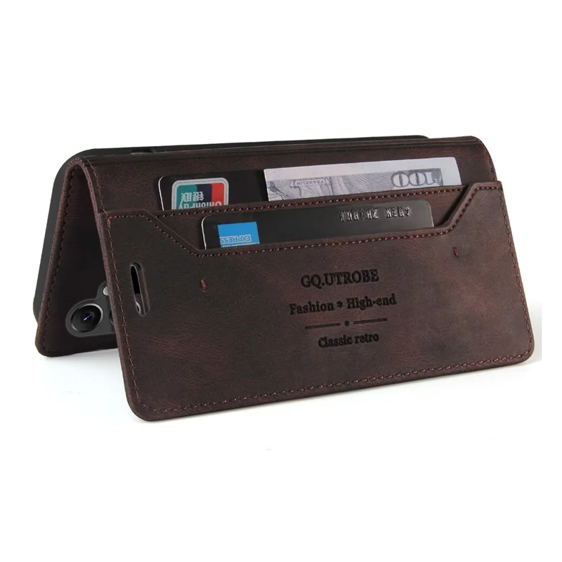 GQ.UTROBE 008 Series For Samsung Galaxy A14 5G / A14 4G RFID Blocking Skin-touch Feeling Full Coverage PU Leather Stand Wallet Phone Case - Coffee