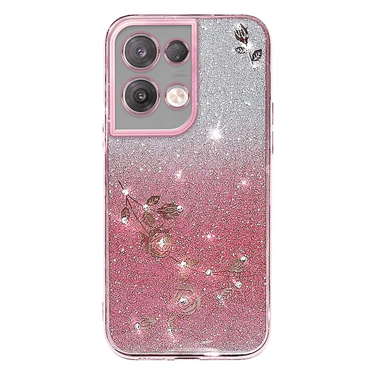 KADEM Per Oppo Reno8 5G (Versione Globale) Custodia per telefono con decorazione in strass e motivo floreale, colore sfumato, polvere glitterata, cover antiurto in TPU - Rosa Oro