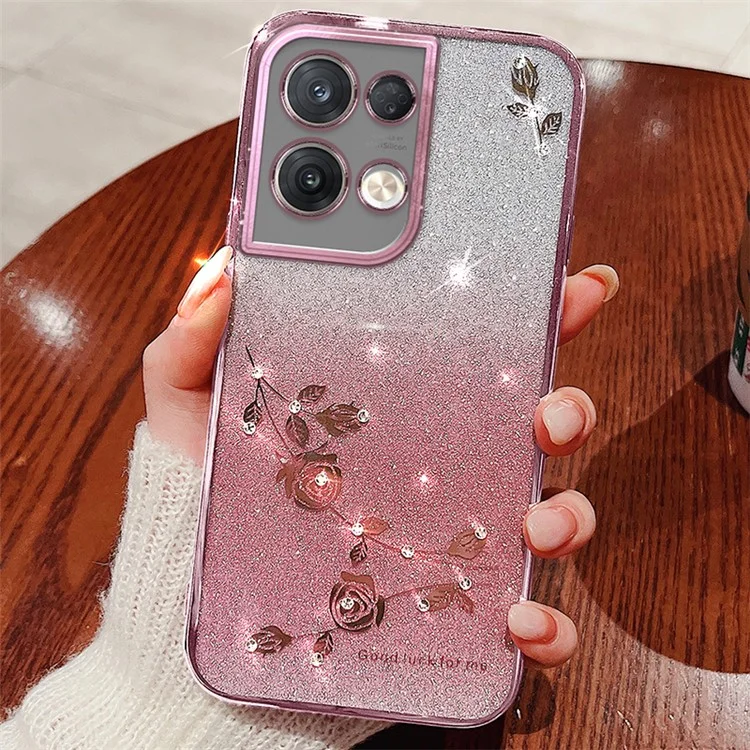 KADEM Per Oppo Reno8 5G (Versione Globale) Custodia per telefono con decorazione in strass e motivo floreale, colore sfumato, polvere glitterata, cover antiurto in TPU - Rosa Oro