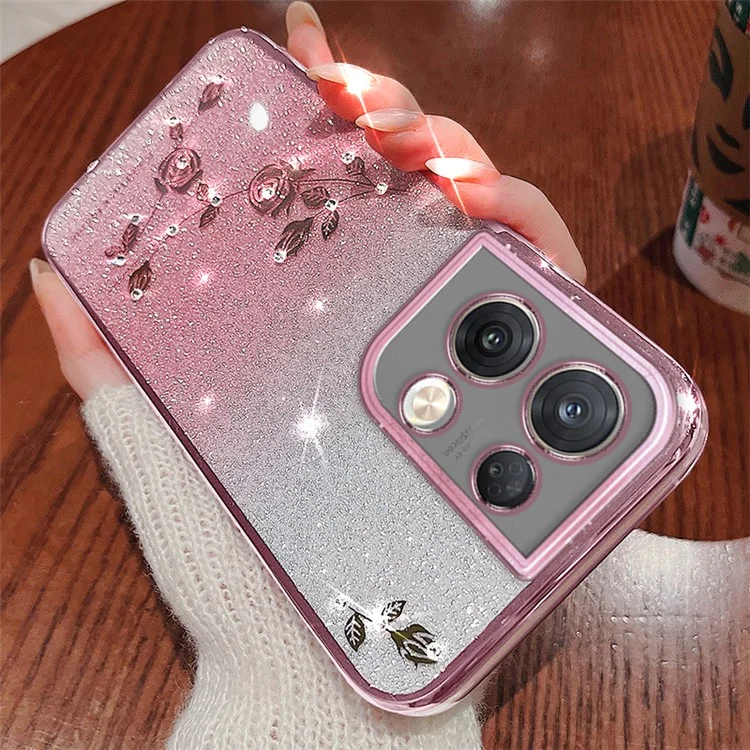 KADEM Per Oppo Reno8 5G (Versione Globale) Custodia per telefono con decorazione in strass e motivo floreale, colore sfumato, polvere glitterata, cover antiurto in TPU - Rosa Oro