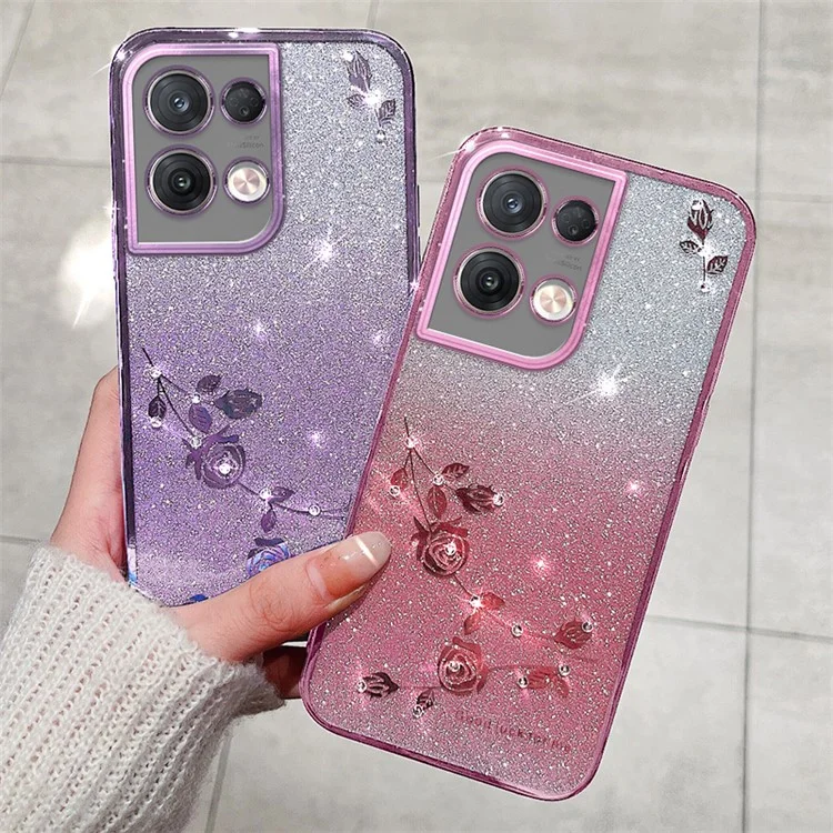 KADEM Per Oppo Reno8 5G (Versione Globale) Custodia per telefono con decorazione in strass e motivo floreale, colore sfumato, polvere glitterata, cover antiurto in TPU - Rosa Oro
