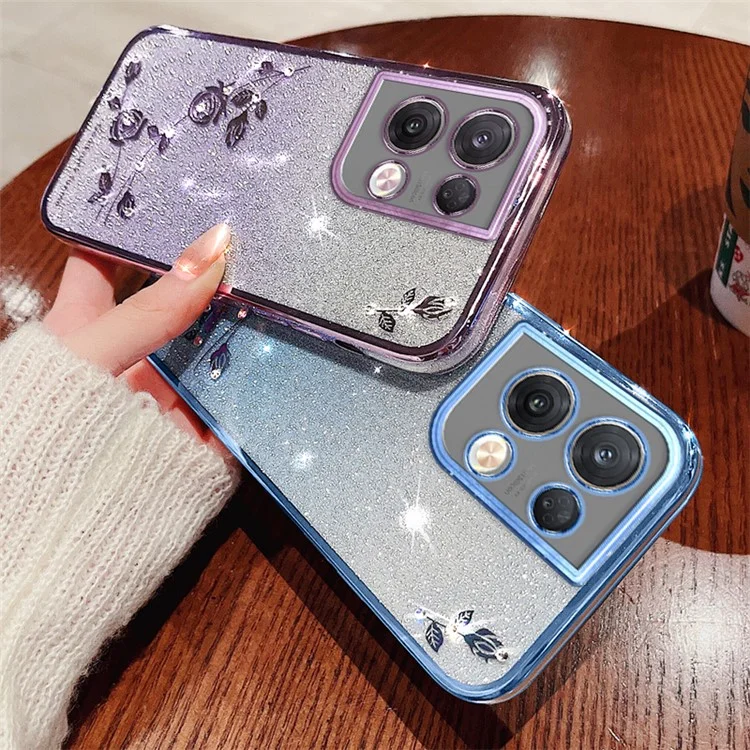 KADEM Per Oppo Reno8 5G (Versione Globale) Custodia per telefono con decorazione in strass e motivo floreale, colore sfumato, polvere glitterata, cover antiurto in TPU - Rosa Oro