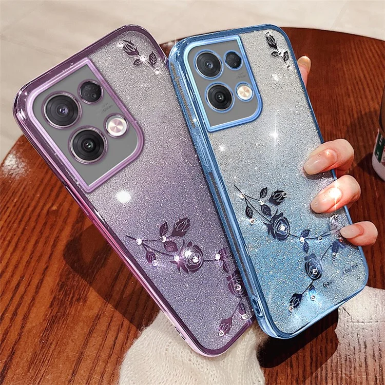 KADEM Per Oppo Reno8 5G (Versione Globale) Custodia per telefono con decorazione in strass e motivo floreale, colore sfumato, polvere glitterata, cover antiurto in TPU - Rosa Oro