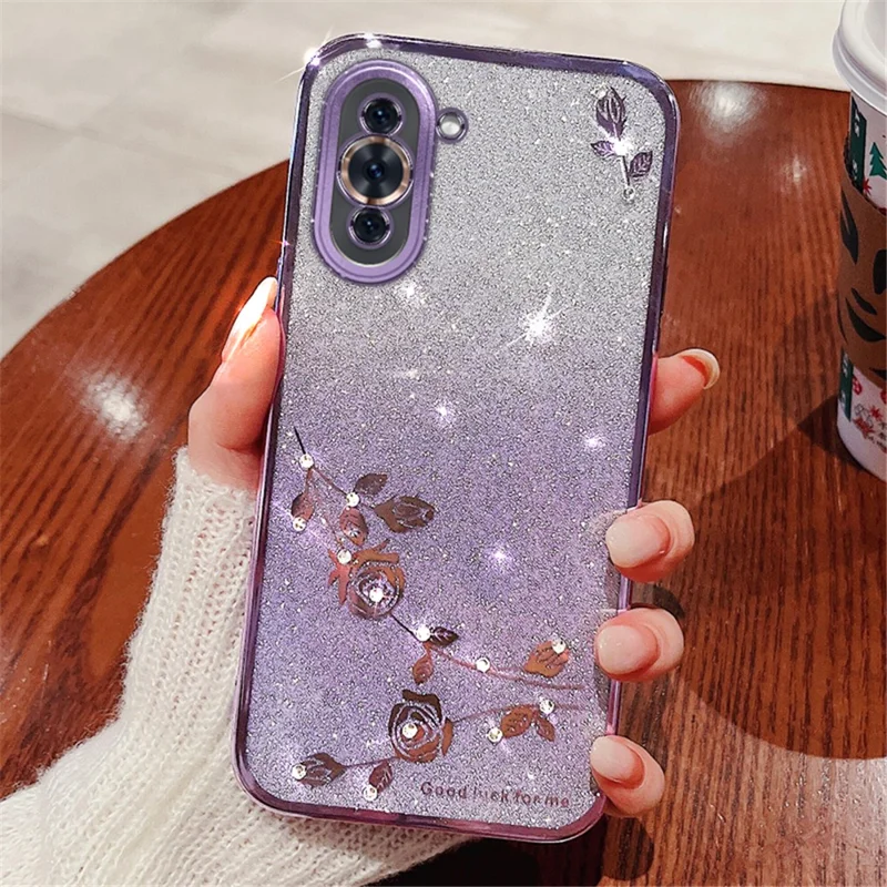 KADEM Bloemenpatroon Glitter Poeder TPU Hoesje voor Huawei nova 10 4G, Strass Gradiënt Kleur Beschermhoes - Paars