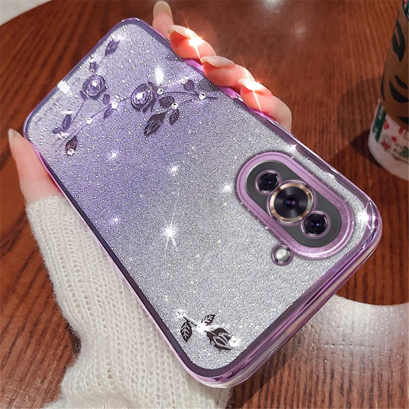 KADEM Bloemenpatroon Glitter Poeder TPU Hoesje voor Huawei nova 10 4G, Strass Gradiënt Kleur Beschermhoes - Paars