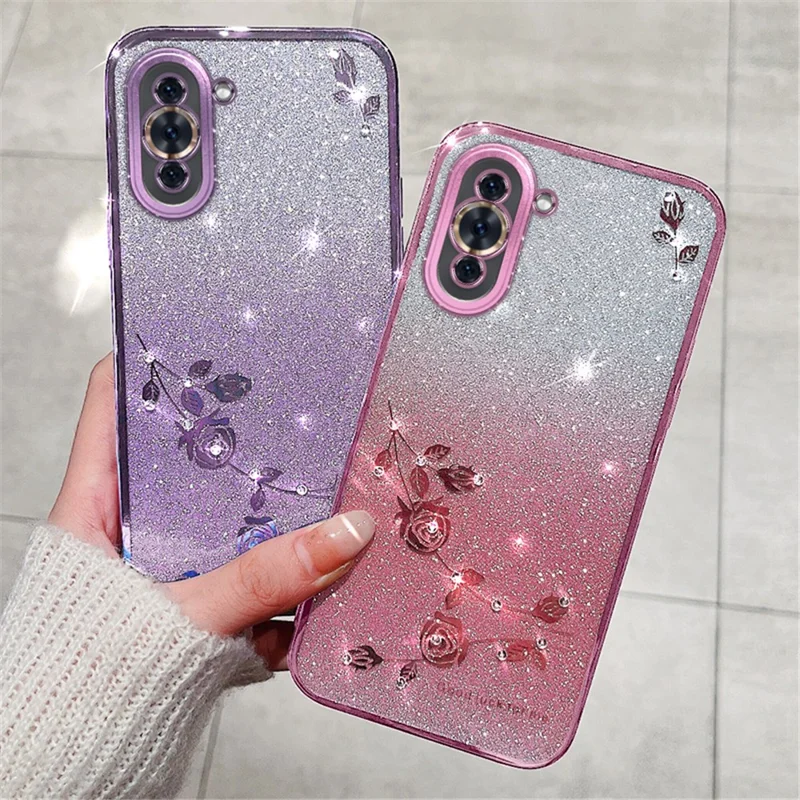 KADEM Bloemenpatroon Glitter Poeder TPU Hoesje voor Huawei nova 10 4G, Strass Gradiënt Kleur Beschermhoes - Paars
