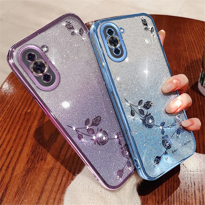 KADEM Bloemenpatroon Glitter Poeder TPU Hoesje voor Huawei nova 10 4G, Strass Gradiënt Kleur Beschermhoes - Paars