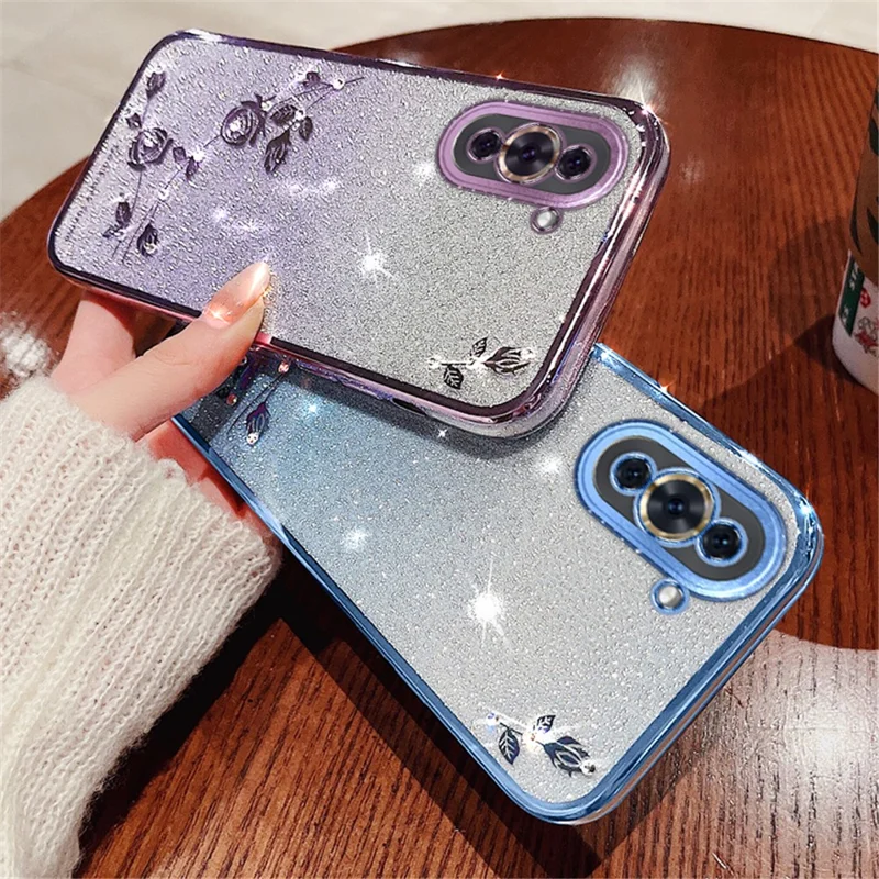 KADEM Bloemenpatroon Glitter Poeder TPU Hoesje voor Huawei nova 10 4G, Strass Gradiënt Kleur Beschermhoes - Paars