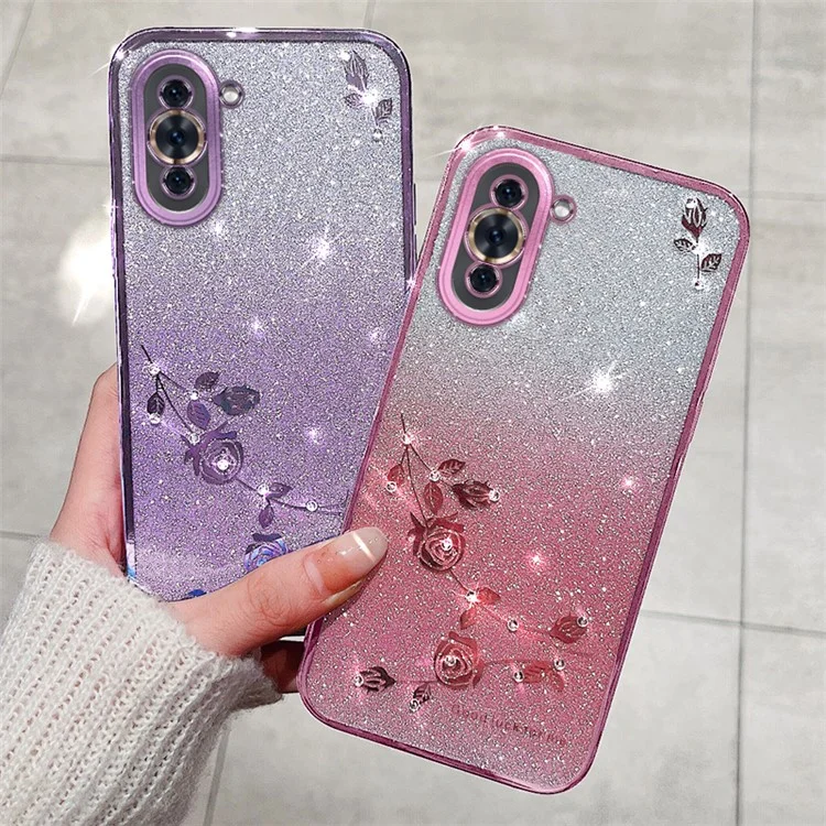 KADEM For Huawei nova 10 Pro 4G Stylish Flower Pattern Rhinestone Phone Cover Gradient Color Glitter Powder TPU Case - Blue