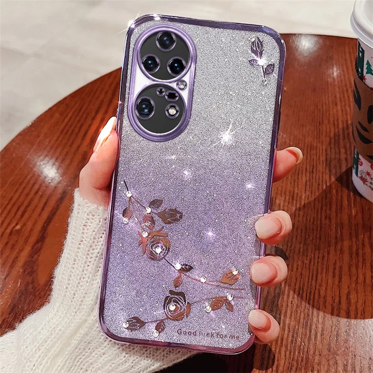 Gradiente Color Brillo en Polvo Case de Teléfono Para Huawei P50 Pro 4G, Patrón de Flores de Diamantes de Imitación TPU TPU TPU - Púrpura