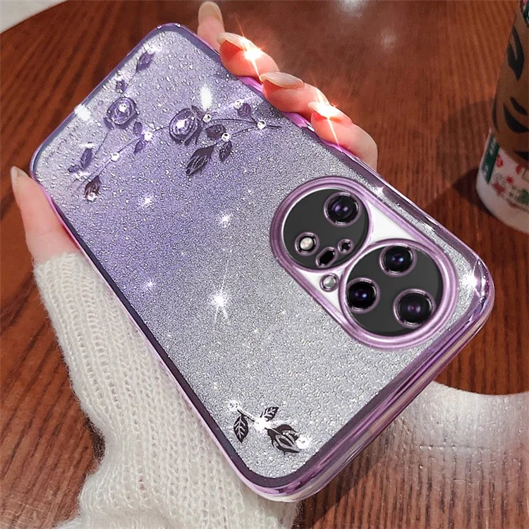 KADEM Gradient Color Glitter Powder Phone Case for Huawei P50 Pro 4G, Rhinestone Flower Pattern TPU Cover - Purple