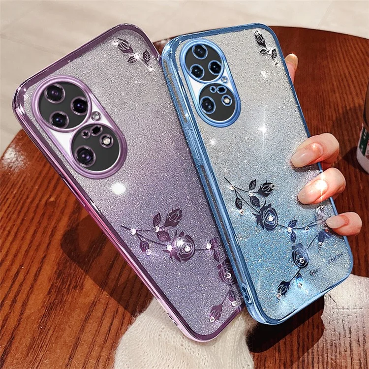 KADEM Gradient Color Glitter Powder Phone Case for Huawei P50 Pro 4G, Rhinestone Flower Pattern TPU Cover - Purple