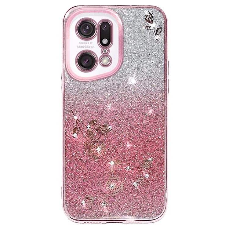 KADEM Pour Oppo Find X5 Pro 5G Étui de téléphone portable Motif fleurs en strass Couleur dégradée Poudre pailletée Couverture de protection TPU - Or rose