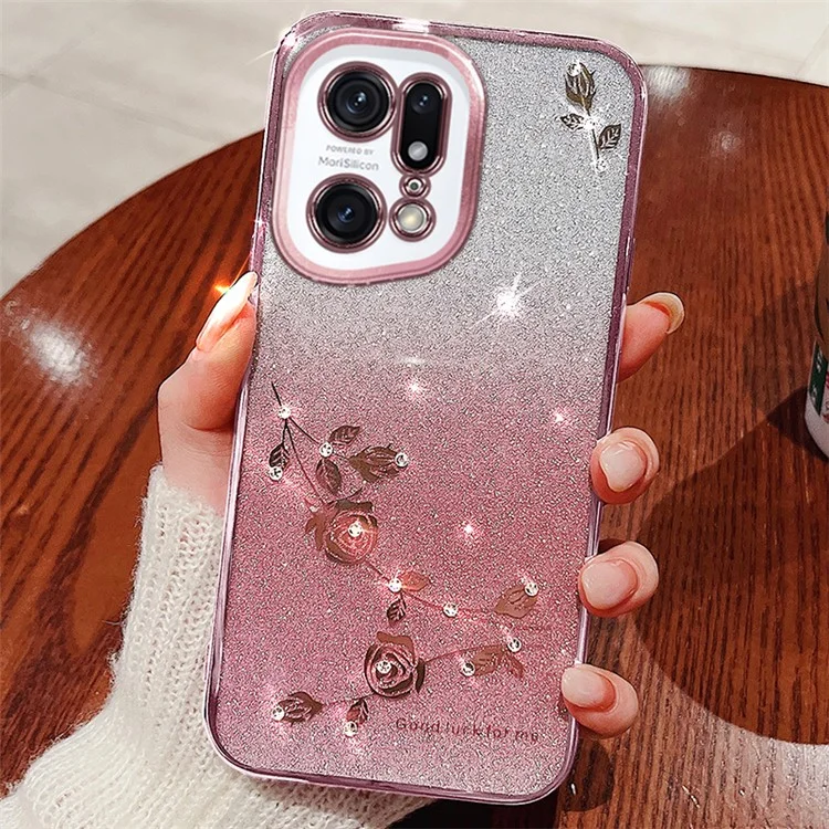 KADEM Pour Oppo Find X5 Pro 5G Étui de téléphone portable Motif fleurs en strass Couleur dégradée Poudre pailletée Couverture de protection TPU - Or rose
