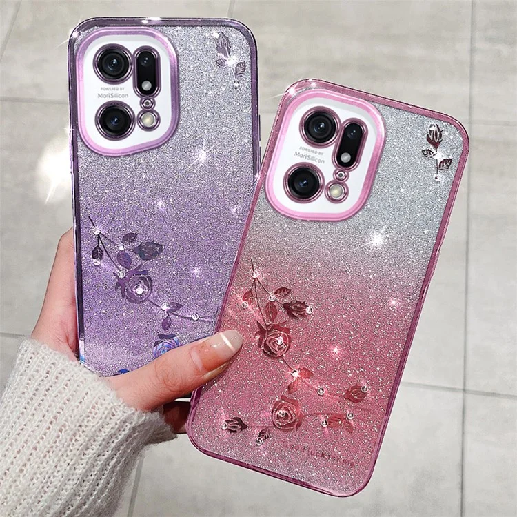 KADEM Pour Oppo Find X5 Pro 5G Étui de téléphone portable Motif fleurs en strass Couleur dégradée Poudre pailletée Couverture de protection TPU - Or rose