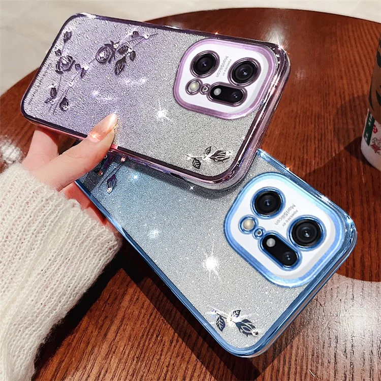 KADEM Pour Oppo Find X5 Pro 5G Étui de téléphone portable Motif fleurs en strass Couleur dégradée Poudre pailletée Couverture de protection TPU - Or rose