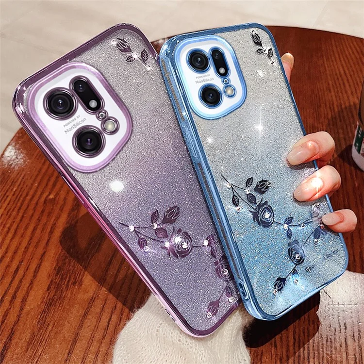 KADEM Pour Oppo Find X5 Pro 5G Étui de téléphone portable Motif fleurs en strass Couleur dégradée Poudre pailletée Couverture de protection TPU - Or rose